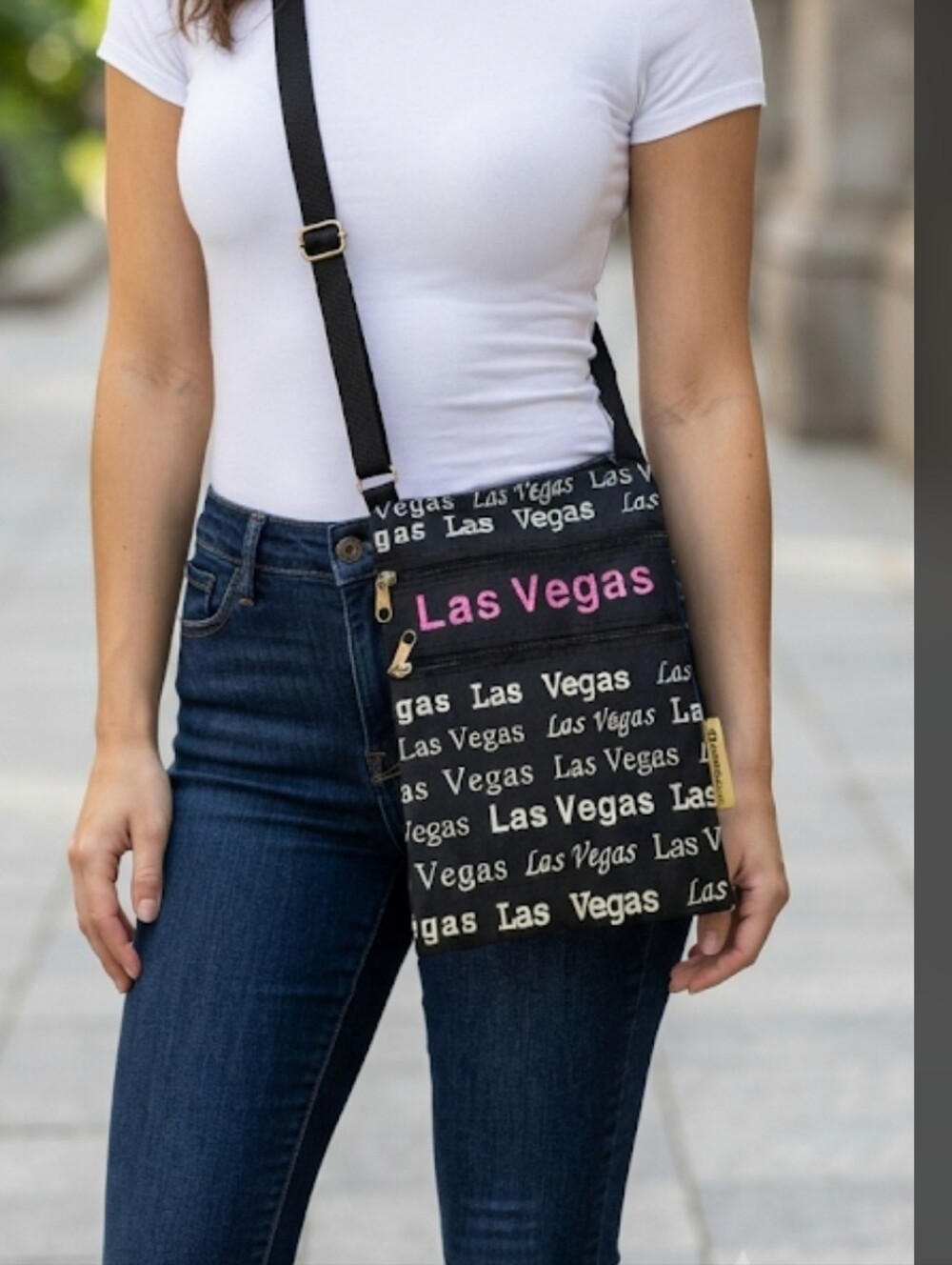 Las Vegas Crossbody Black & White with Pink Glitter 2 Front Zip Pockets NWOT
